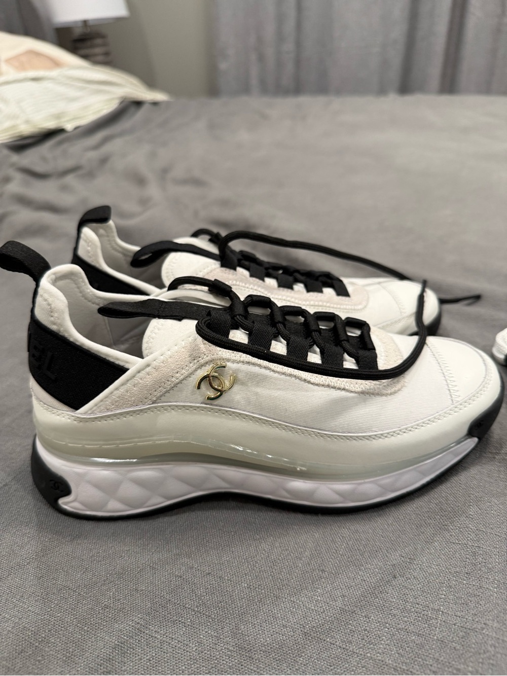 CC White and Black Platform Sneakers with Gold Accent